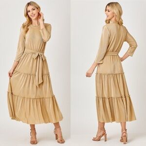 New Boutique Long Sleeve Blue Layered Pleated Maxi Dress with Belt and Pockets